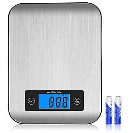 Bilancia da Cucina Digitale, Bilancia da Cucina Elettronica in Acciaio Inox da 5kg con Gancio, Display LCD Blu, Funzione Tara, S