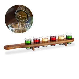 Relaxdays Set Bicchieri Shot, 6 Bicchierini da Liquore 4 cl, Pratico Vassoio 1/2 Metro, Divertente Idea Regalo, Marrone