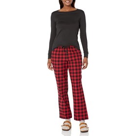 Amazon Essentials Flannel Pajama Set Pigiama, Rosso (Red Buffalo Check/Black T/Shirt), Medium