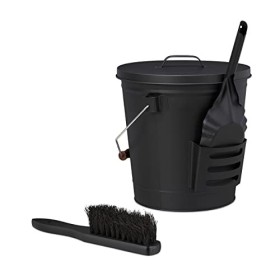 Relaxdays Secchio Raccogli Cenere con Manico Coperchio Paletta e Scopino Nero 19 litri 