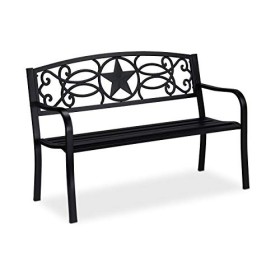 Relaxdays Balcone Panca da Giardino, con Stella Decorativa, a 2 Posti, Rivestimento Antiruggine, Acciaio, 87 x 127 x 55 cm, Nero