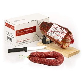Prosciutto Crudo Serrano Spagnolo Stagionato e Disossato + Porta Prosciutto + Coltello 1 Kg (Jamón Serrano) + Salsiccia Salchic