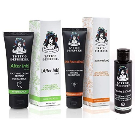 Tattoo Defender Kit Completo Creme Per La Cura Ed Il Mantenimento Dei Tatuaggi, After Ink Nature, Revitalizer, Soothe & Clean