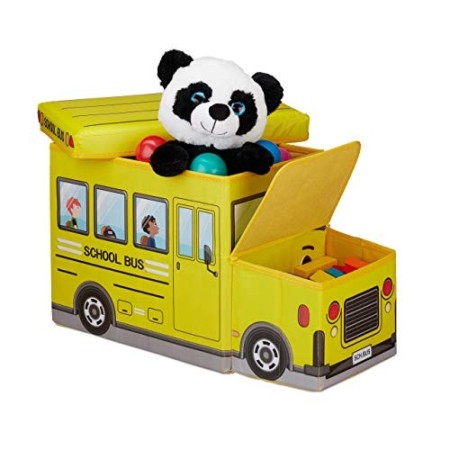 Relaxdays Sgabello Bambini Contenitore Giocattoli con Scomparto, Pieghevole Spazievole a Forma di Scuolabus 50 l, Poliestere, Sc