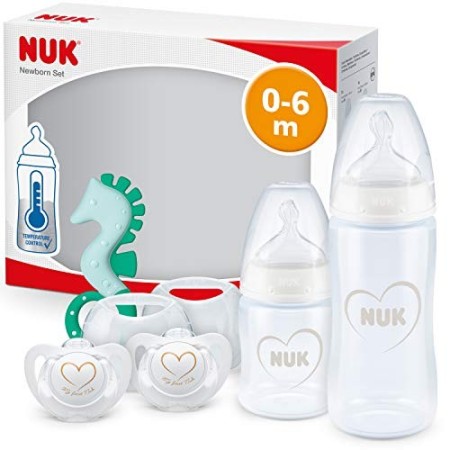 NUK First Choice+ set biberon per neonati | 0-6 mesi | 2 bottiglie con controllo della temperatura, 2 ciucci e anello di dentizi