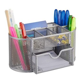 Relaxdays 10022482_55 Organizer da Scrivania Ufficio, con Portapenne & Cassetto, Metallo, HxLxP: 10,5x22x11cm, Argentato