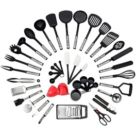 NEXGADGET Set di Utensili da Cucina in Acciaio Inox e Nylon 42 Pezzi Incluso Cucchiaio Spatola Pinze Forcella Mestolo Apribottig