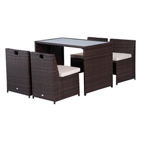 Outsunny Set Mobili da Giardino in Rattan 5pz Tavolo Pranzo 4 Sedie con Cuscini