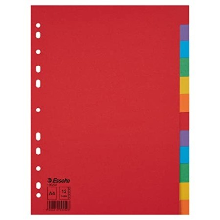 Esselte Divisori per Raccoglitori con 12 Tasti, Formato A4, Rosso/Multicolore, Cartoncino Robusto Riciclato, 100201