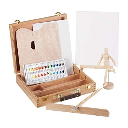 Relaxdays Valigetta Pittore, 22 pz,Set Disegno, Manichino, Tavolozza, Pennelli, Tela, Cavalletto, Colori,Legno, Tessuto, Acrilic
