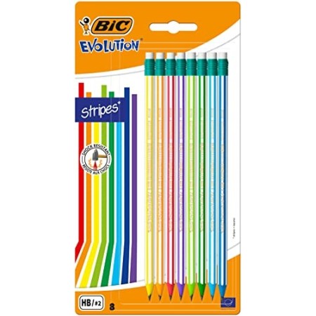 BIC Evolution Stripes Matite In Grafite HB Con Gomma, Colori del Fusto Assortiti, Confezione da 8 Matite, per Scrivere a Scuola