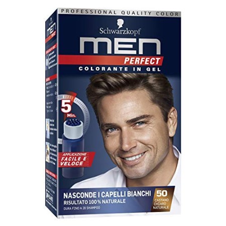 Schwarzkopf Men Perfect Colorante in Gel, Tinta Coprente Capelli Bianchi per Uomo, Risultato Naturale, Tonalità 50 Castano Chia
