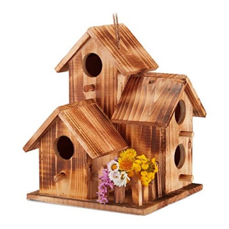 Relaxdays Casetta per Uccelli, da Appendere, Balcone, Terrazza, Giardino, in Legno Bruciato, Nido, 34x20x19 cm, Naturale