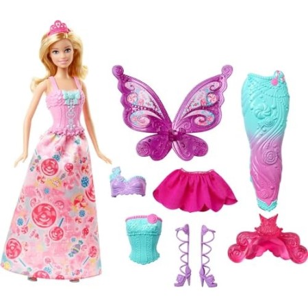 Barbie- Fairytale Dress Up Bambola con 3 Completini da Favola di Principessa, Sirena e Fatina, Multicolore, DHC39