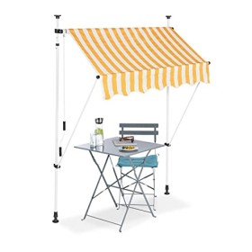 Relaxdays Tenda da Sole, Protezione per Il Balcone, Regolabile, Senza Forare, a Manovella, Larga 150 cm, a Righe Gialle, Bianco,