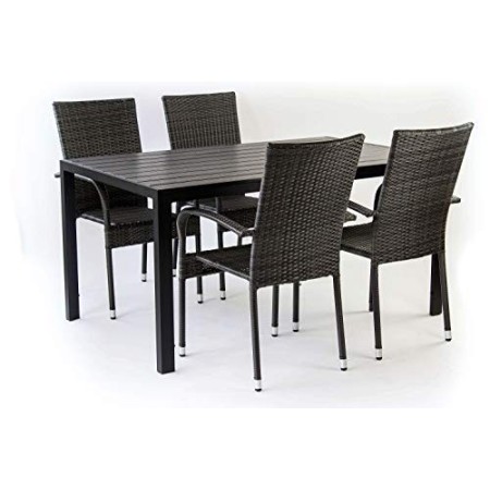 AVANTI TRENDSTORE - Piave - Set da Giardino Composto da 1 Tavolo Nero in Metallo e polywood, con 4 sedie impilabili in ecorattan