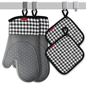 Ankway Guanti da Forno Lunghi e Sottobicchiere, Guanti da Forno in Silicone Impermeabili, Antiscivolo Guanti Resistenti al Calor