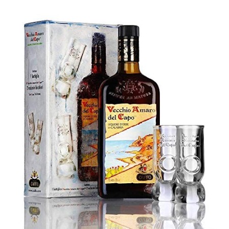 CAFFO | Vecchio Amaro del Capo | BOTTIGLIA IN ASTUCCIO + 2 BICCHIERI ORIGINALI | 35% Vol. | 70 cl | (1 BOTTIGLIA | 70 cl | 35% V
