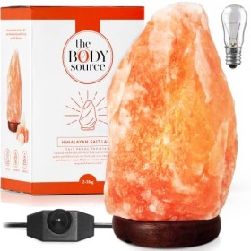 The Body Source Lampada di Sale Himalayano (5-7 kg) con Varialuce, Completamente Naturale e Realizzata a Mano con Base in Legno