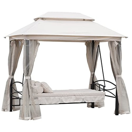 Outsunny Mini Gazebo con Divano Letto a Dondolo Zanzariera Doppio Tetto Cuscini Imbottiti da Giardino Acciaio 256 x 172 x 248 cm