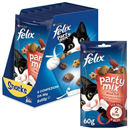 Purina Felix Party Mix Snack Gatto Mixed Grill Aromatizzato con Manzo, Pollo e Salmone, 8 Confezioni da 60 g Ciascuna