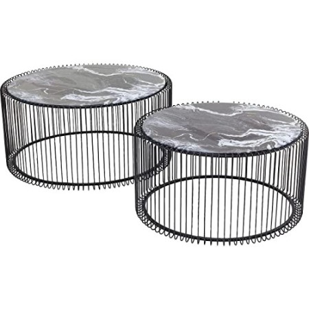 Kare Design - Tavolino da Caffè Wire, Nero/Vetro Marmo (2/Set)