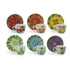 Excelsa Mandala Tropical Set 6 Tazzine caffè con Piattino cl.90, Multicolor, Porcellana