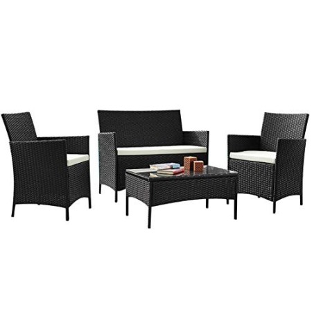 Totò Piccinni Set Praga Salotto Completo di Divano 2 Poltrone e Tavolino in Vetro e Poly Rattan Struttura in Acciaio con Cuscin