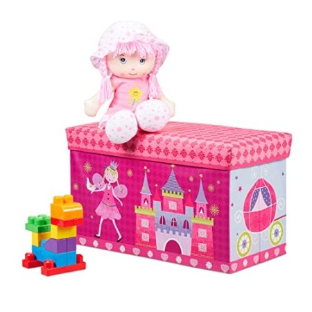 Relaxdays Pouf per Bambini, Contenitore per Giocattoli, Pieghevole, Bimbi e Bimbe, Salvaspazio, Principesse e Fate, Rosa, 36 x 6