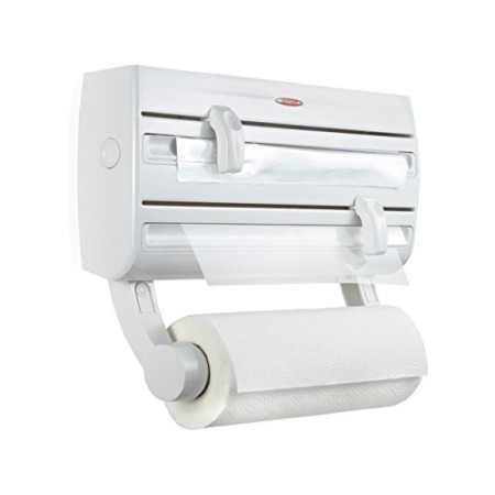Leifheit Parat F2 ComfortLine Portarotoli per 3 rotoli, Taglia rotoli con ripiano portaspezie, Portarotolo cucina carta, pellico