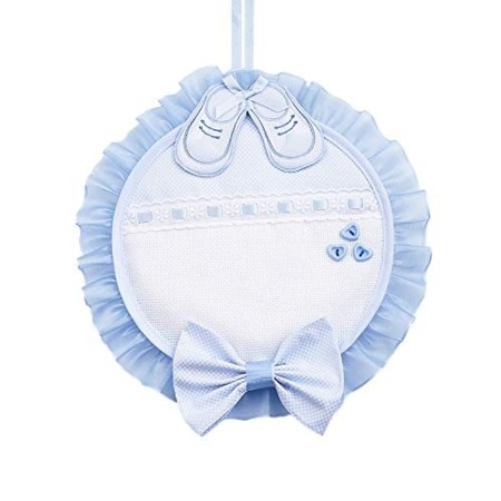 Fiocco Nascita Scarpette | con inserto in tela aida da ricamare | 27 x 27 cm - Azzurro