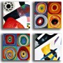 Quadri Moderni stile KANDINSKY 4 pz. 30x30 cm pezzi giallo blu rosso Stampa su Tela CANVAS Arredamento XXL Arredo soggiorno salo