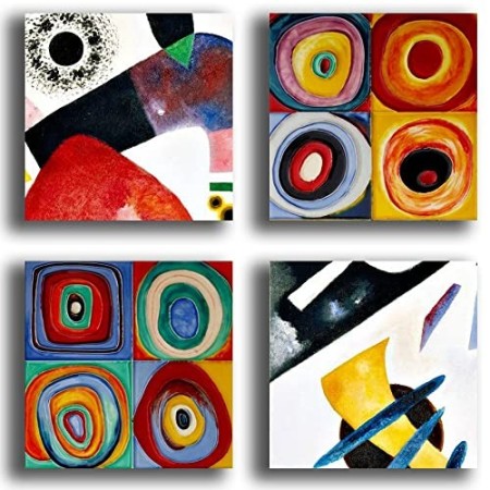 Quadri Moderni stile KANDINSKY 4 pz. 30x30 cm pezzi giallo blu rosso Stampa su Tela CANVAS Arredamento XXL Arredo soggiorno salo