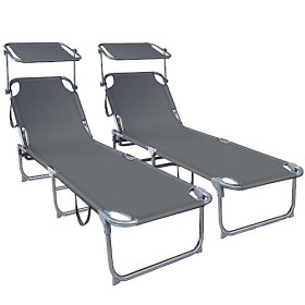  Set di 2 Lettino Prendisole Pieghevole con Schienale e Tettuccio Parasole Regolabile Grigio