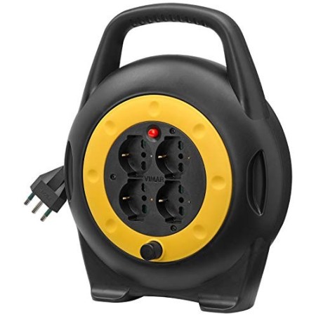 Vimar 0P32714 Avvolgicavo 10 metri, con 4 prese universali a standard italiano Sicury, spina 16A (grande) e disgiuntore termico 
