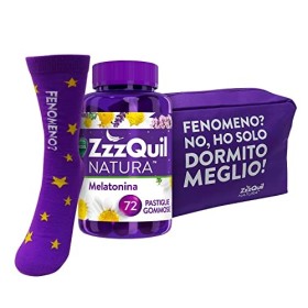 ZzzQuil Natura Melatonina Integratore Gift Pack 72 Pastiglie Gommose Pochette e Calzini
