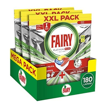 Fairy Platinum Plus Tutto in Uno Limone, 180 Capsule, Pastiglie per Lavastoviglie, Rimuove l’Opacità e Previene il Calcare, M