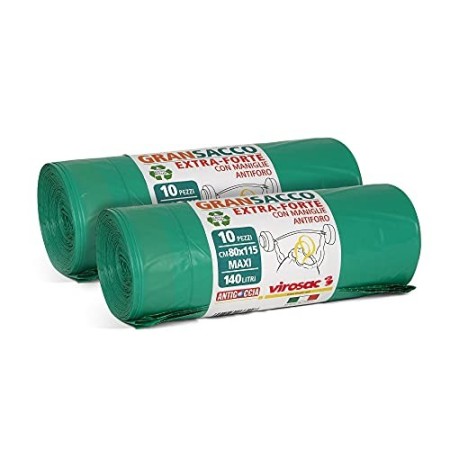 Virosac Gransacco -kKit 2 confezioni in rotolo da 10 sacchi verdi 80x115  antigoccia, maniglie estraibili