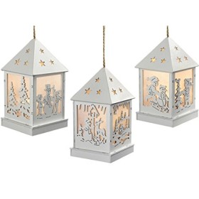 WeRChristmas, Set di 3 Lanterne Natalizie da Appendere, con luci Integrate, in Legno, 12 cm, Colore: Bianco