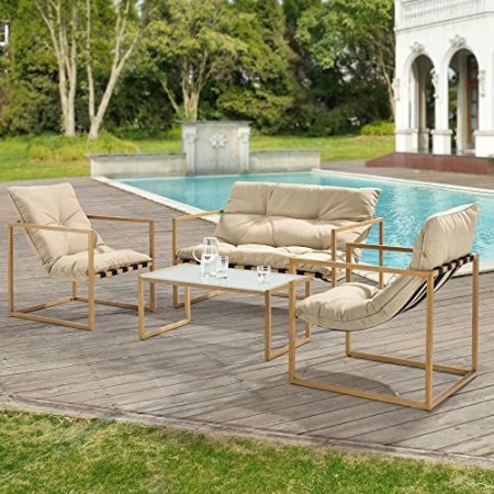 Set Mobili da Giardino Completo di 2 Poltrone e 1 Divano da Esterno con Cuscini in Olefina e 1 Tavolino con Piano in Vetro - Col