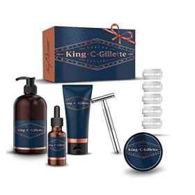 King C. Gillette Kit Completo Per Cura Barba Uomo: Rasoio di Sicurezza + 15 Lamette + Detergente, Balsamo e Olio per Barba e Vis