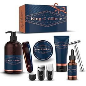 King C. Gillette Kit Completo Per Cura Barba Uomo: Regolabarba + Rasoio di Sicurezza + Detergente, Balsamo e Olio per Barba e Vi
