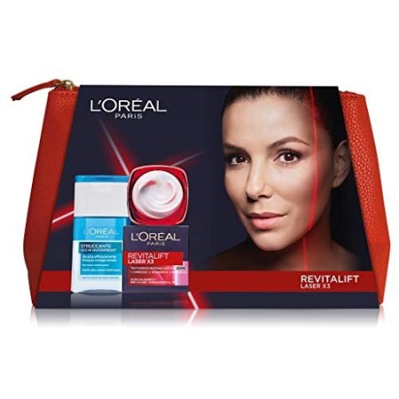 L'Oréal Paris Idea Regalo Donna Natale 2020, Pochette con Crema Viso Giorno Revitalift Laser X3 50 ml e Struccante Occhi Waterp