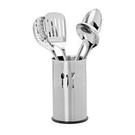 Relaxdays Porta Utensili da Cucina, Set da 5 Accessori, 4 Mestoli, Portaposate, Portamestoli, Kit in Acciaio, Argento, Inox, 5 p