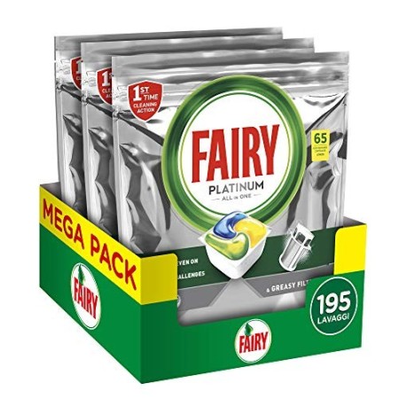 Fairy Platinum Tutto in Uno Limone, 195 Capsule, Pastiglie per Lavastoviglie, per Sfide Difficili, Pulisce i Residui di Grasso N