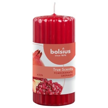 Bolsius Candela Profumata Pillar 120/58 mm Colonna Zigrinata, Colore Rosso, Fragranza Melograno, True Scents