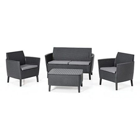 Keter Salemo Lounge Set, Set Mobili da Giardino in Rattan con Divano 2 Posti 2 Poltrone e Tavolino Porta Cuscini, Grafite