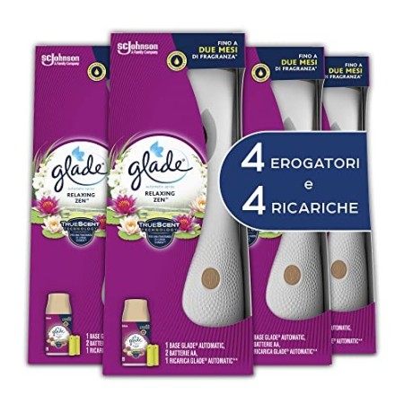 Glade Automatic Spray Base Con Ricarica, Fragranza Relaxing Zen - Formato Scorta - 1 Confezione Con 4 Erogatori + 4 Ricariche - 