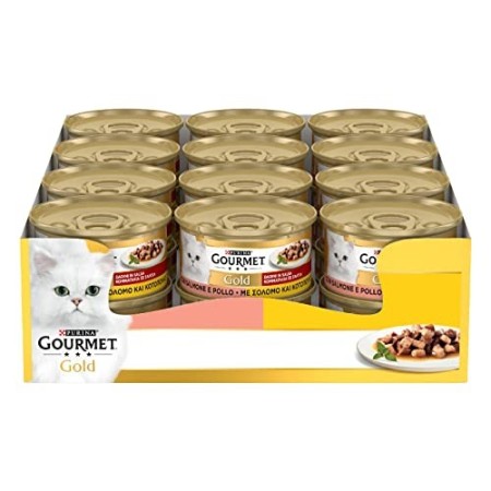 PURINA GOURMET GOLD Umido Gatto Dadini in Salsa con Salmone e Pollo - 24 lattine da 85g ciascuna (confezione da 24x85g)