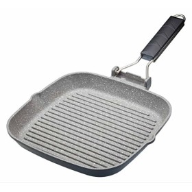 MasterClass Piastra Grill Antiaderente Adatta per Induzione con Manico Pieghevole, 24 cm (9.5''), Alluminio, Nero